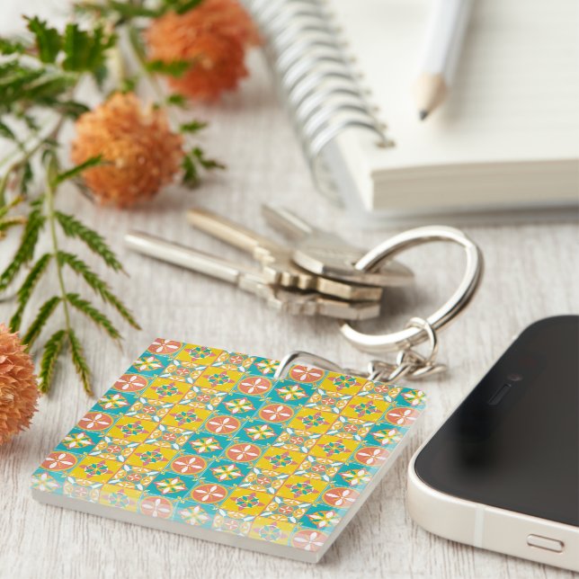 Blue pattern in cheerful colors keychain (Front Right)
