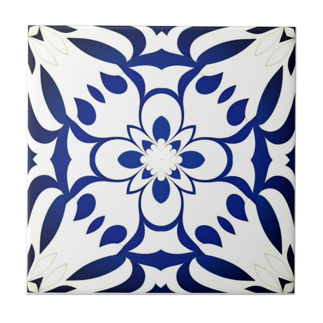 Blue pattern on white background ceramic tile (Front)