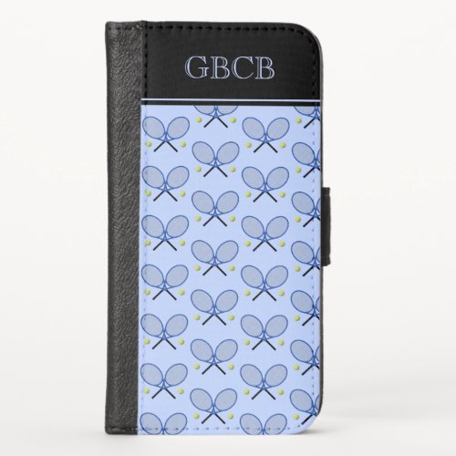 Blue pattern tennis rackets and balls initials iPhone x wallet case