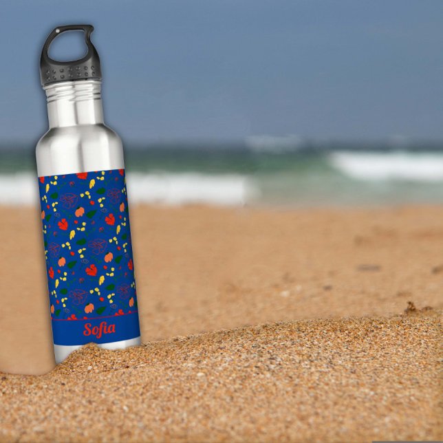 Blue pattern wildflowers red poppy   stainless steel water bottle (Creator Uploaded)