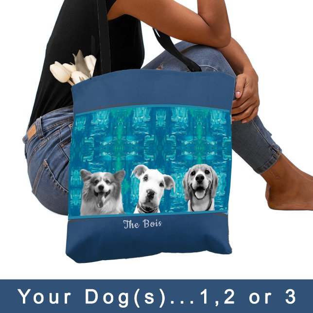 Blue Pattern with Black and White Photo Dog Mom   Tote Bag (Creator Uploaded)