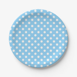 blue pattern with white polka dots paper plates