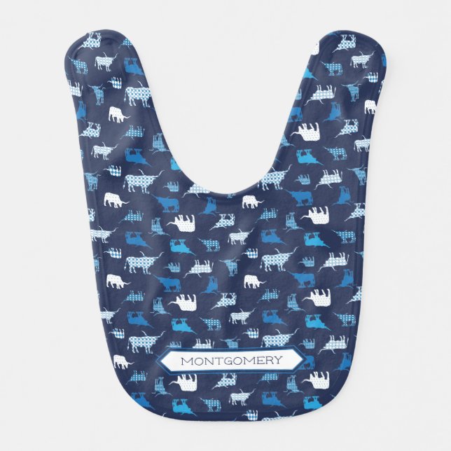 Blue Patterned Longhorns Pattern Baby Bib (Front)