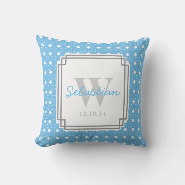 Blue Patterned Personalized Baby Boy Throw Pillow (Front)