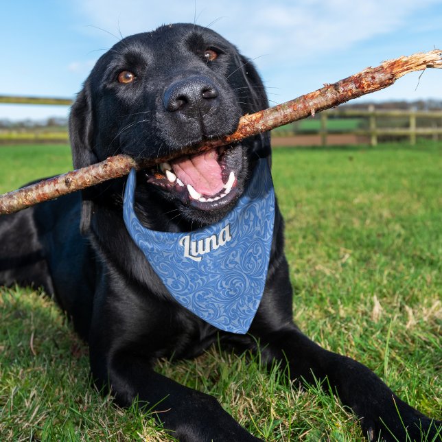 Blue Patterned Swirly Elegant Personalized Pet Bandana Collar (A personalized dog bandana with swirly blue pattern)