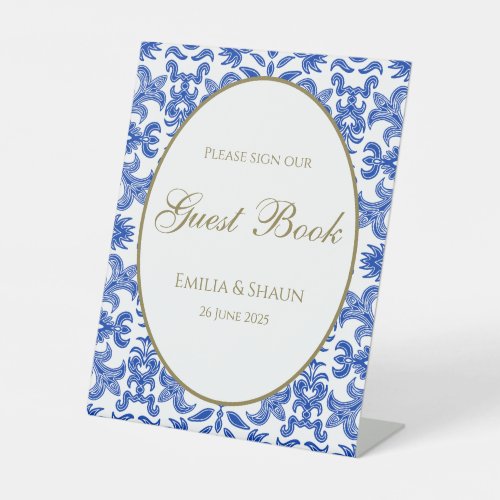 Blue Patterned Wedding Guestbook Sign