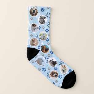 Blue Paw & Bone Pattern Custom Pet Photo Socks