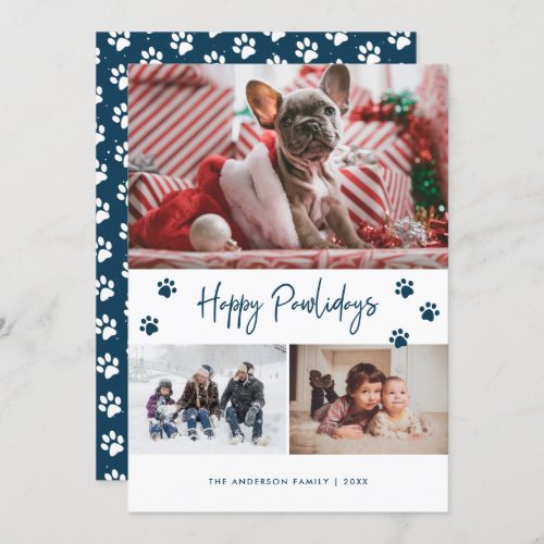 Blue Paw Print 3 Photo Collage Happy Pawlidays Pet Holiday Card