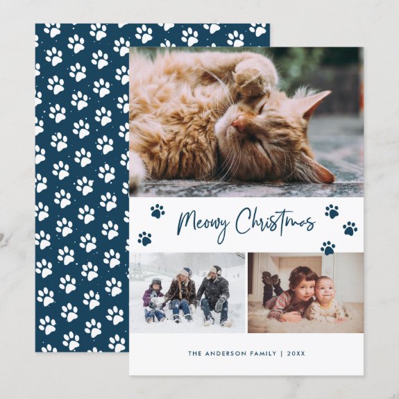 Blue Paw Print 3 Photo Collage Meowy Christmas Pet Card