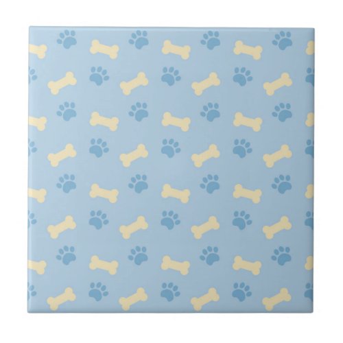 Blue Paw Print Bone Pattern Ceramic Tile