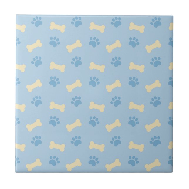 Blue Paw Print Bone Pattern Ceramic Tile (Front)