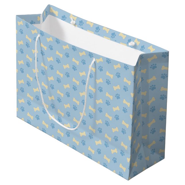 Blue Paw Print Bone Pattern Large Gift Bag (Front Angled)
