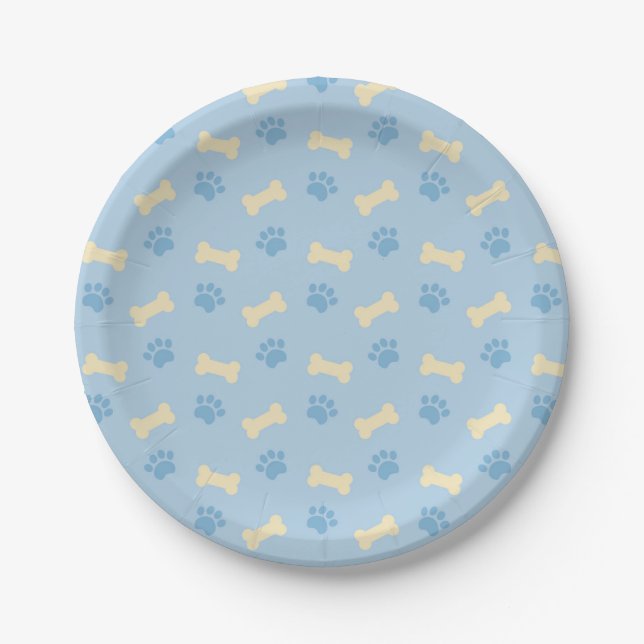 Blue Paw Print Bone Pattern Paper Plates (Front)