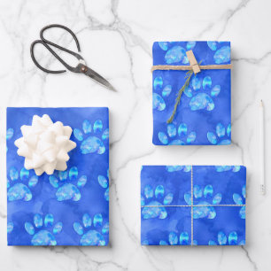 Blue Paw Print Custom Watercolor Wrapping Paper Sheets