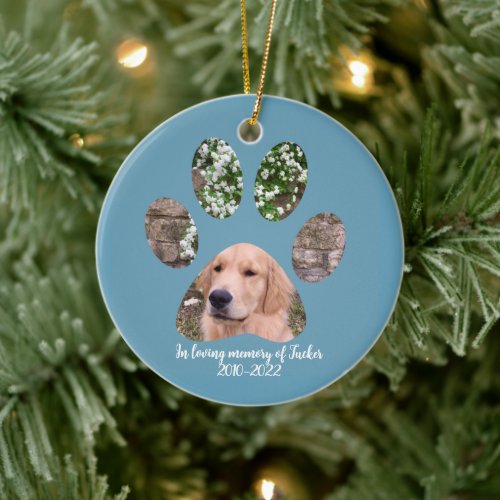 Blue Paw Print Dog Photo In Loving Memory Keepsake Ceramic Ornament