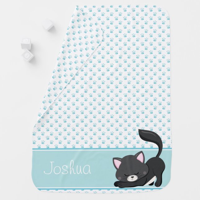 Blue Paw Print Pattern w/ Black Cat | Personalized Swaddle Blanket (In Situ)