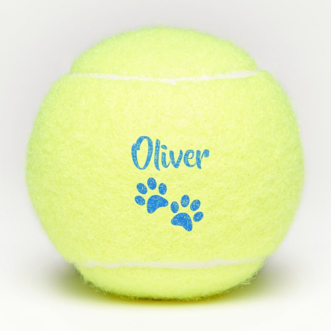 Blue Paw Print Personalized Pet or Dog Name Toy Tennis Balls (Front)
