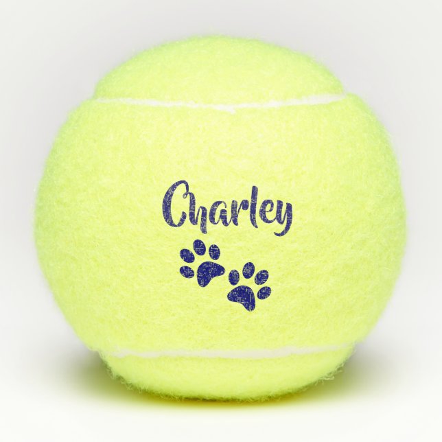 Blue Paw Print Personalized Pet or Dog Name Toy Tennis Balls (Front)