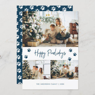 Blue Paw Print Photo Collage Happy Pawlidays Pet Holiday Card