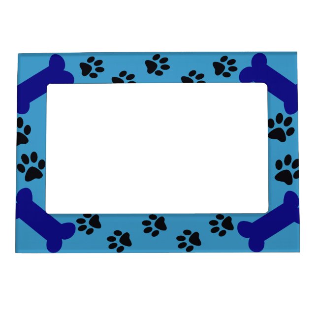Blue Paw prints and Dog Bones Magnetic Picture Frame (Front)