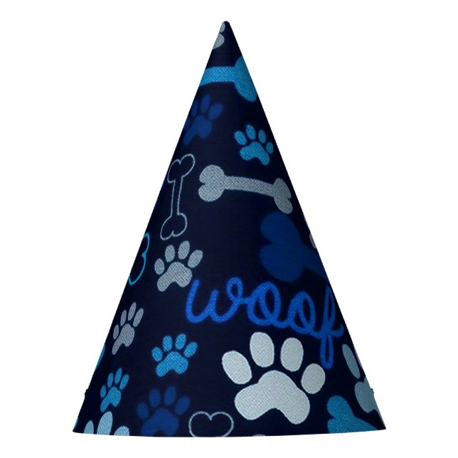 Blue Paw Prints & Bones Dog Party Hat (Front)