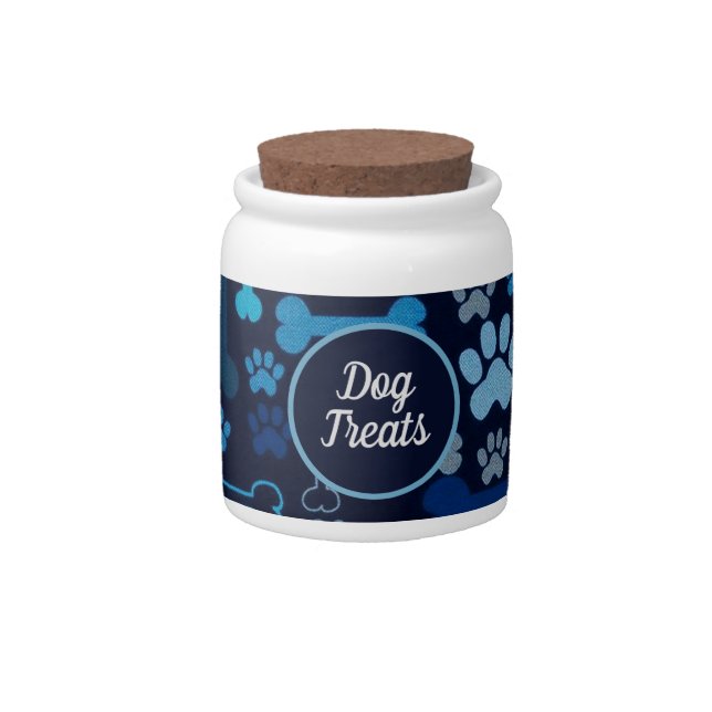 Blue Paw Prints & Bones Dog Treats Candy Jar (Front)