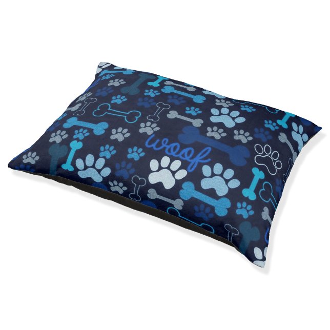 Blue Paw Prints & Bones Indoor Pet Bed (Angled)