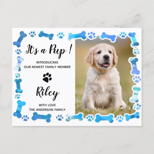 Blue Paw Prints Bones New Pet Dog Puppy Announcement Postcard