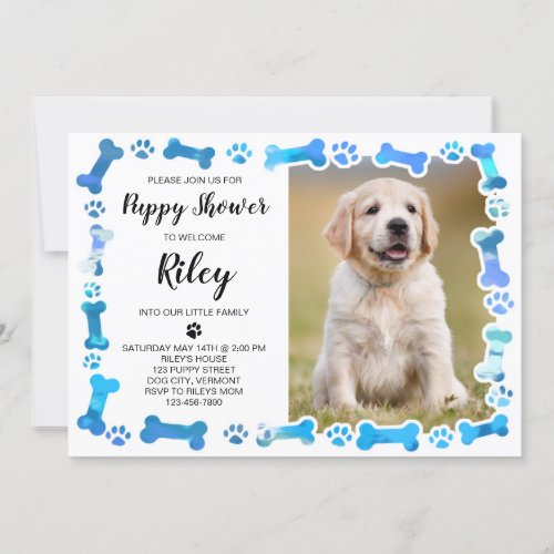 Blue Paw Prints Bones New Pet Dog Puppy Shower Invitation