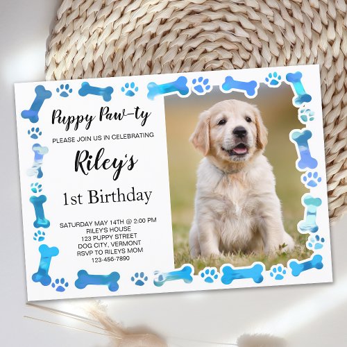 Blue Paw Prints Bones Puppy Dog Birthday Invitation