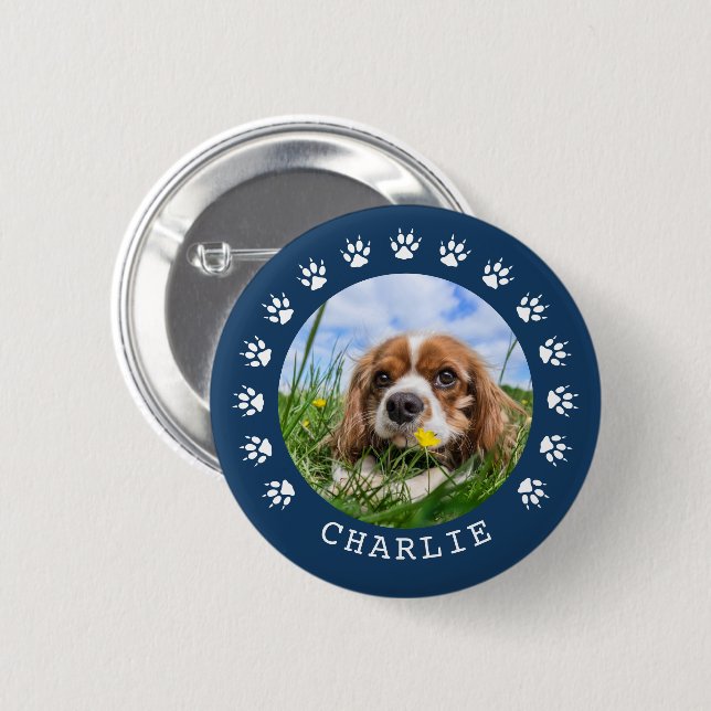 Blue Paw Prints Frame Pet Photo Button (Front & Back)