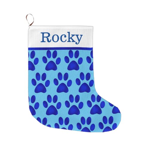 Blue Paw Prints on Blue Large Christmas Stocking