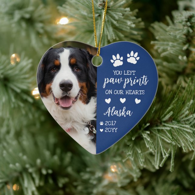 Blue Paw Prints On Our Hearts Pet Photo Ceramic Ornament (Tree)