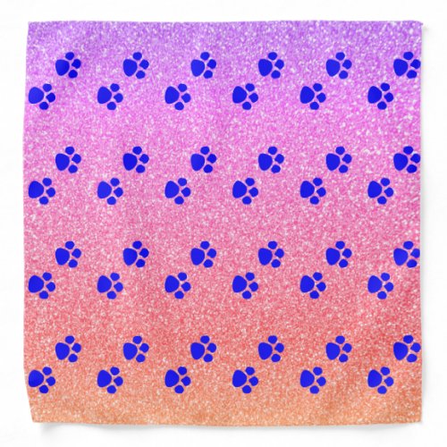 Blue Paw Prints Patterns Pink Rose Gold Glitter Bandana