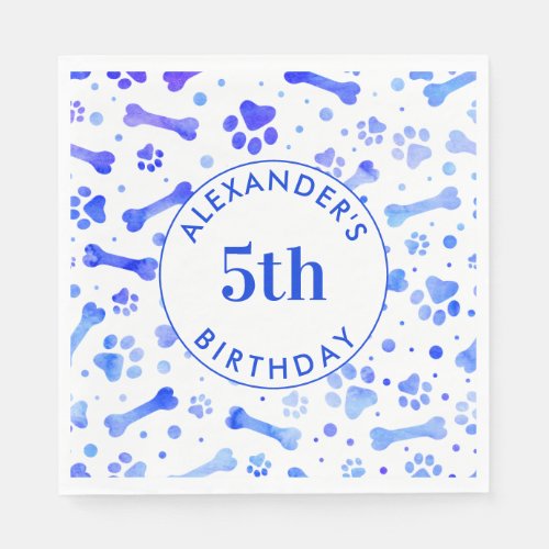 Blue Paw Prints Personalized Watercolor Birthday Napkins