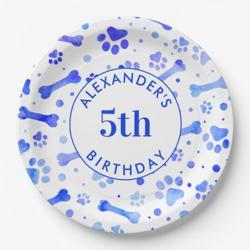 Blue Paw Prints Personalized Watercolor Birthday Paper Plates