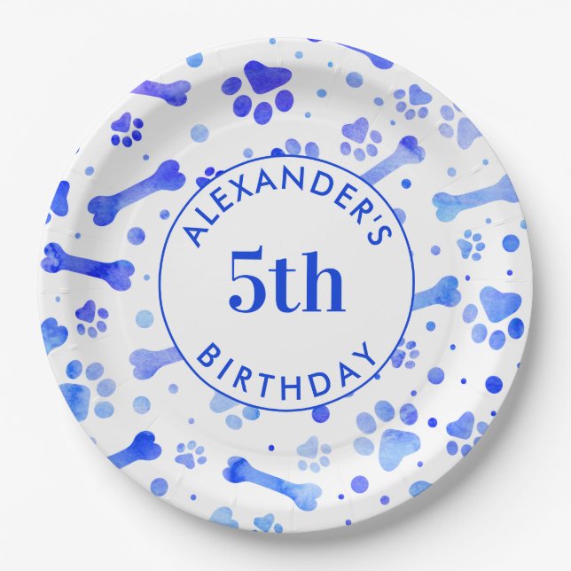 Blue Paw Prints Personalized Watercolor Birthday Paper Plates (Front)