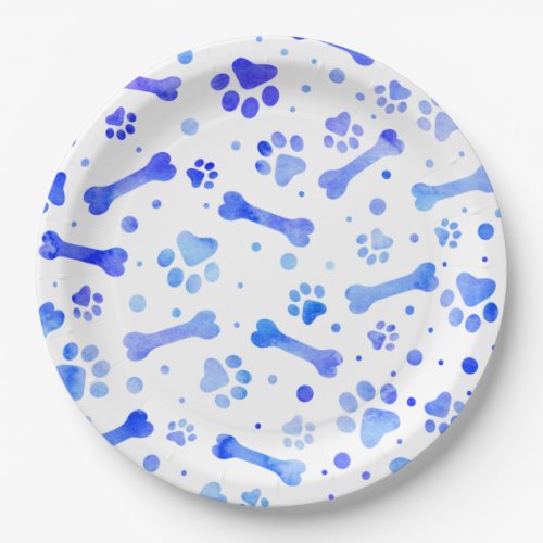 Blue Paw Prints Watercolor Birthday Party Paper Plates
