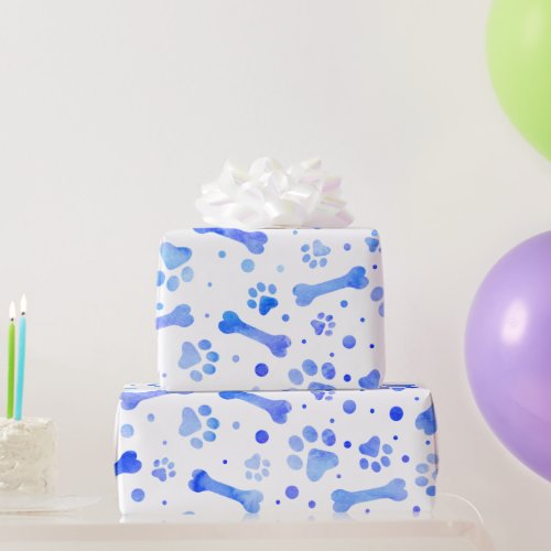 Blue Paw Prints Watercolor Birthday Party Wrapping Paper