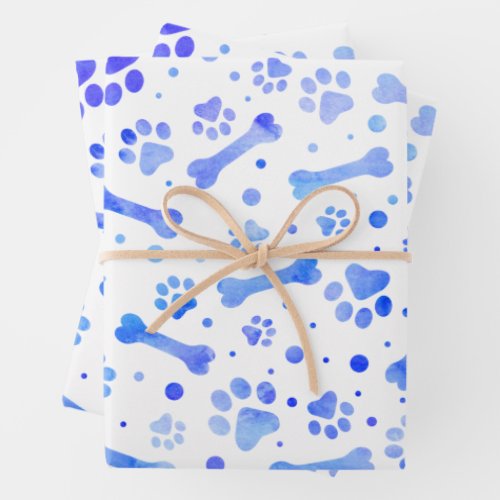 Blue Paw Prints Watercolor Birthday Party Wrapping Paper Sheets