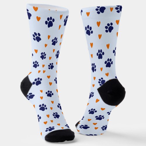 Blue Pawprint Orange Heart Dog Love Socks