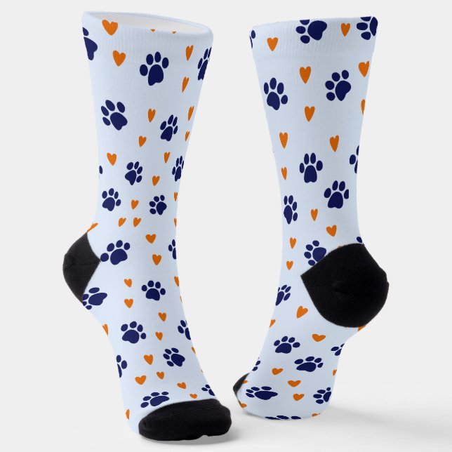 Blue Pawprint Orange Heart Dog Love Socks (Angled)