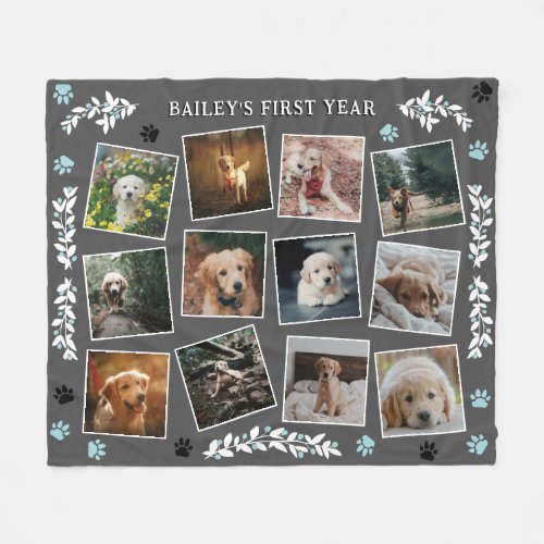 Blue Paws Greenery Gray Puppys First Year Photos Fleece Blanket