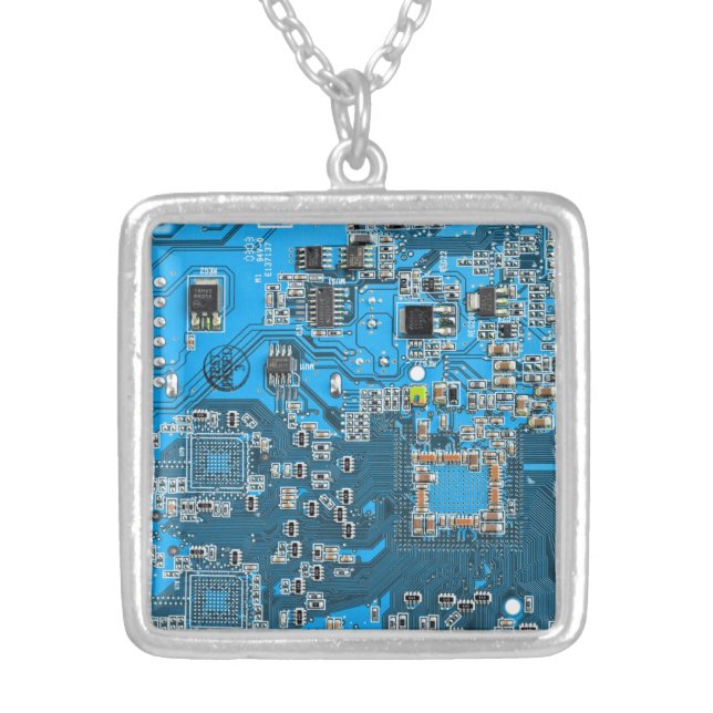 Blue PCB Circuit Board Design for IT Pros Silver Plated Necklace (Front)