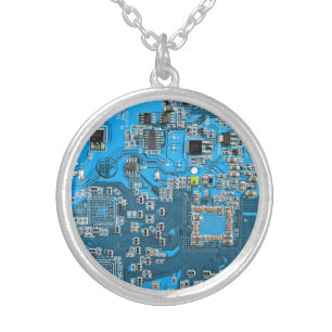Blue PCB Circuit Board Design for IT Pros Silver Plated Necklace
