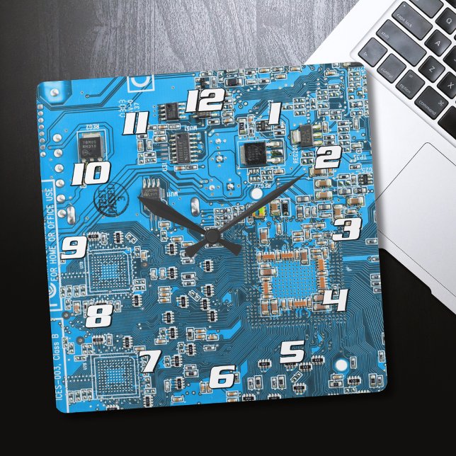 Blue PCB Circuit Board Design for IT Pros Square Wall Clock (Creator Uploaded)