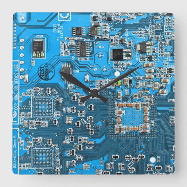 Blue PCB Circuit Board Design for IT Pros Square Wall Clock (Front)