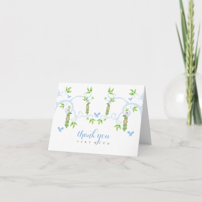 Blue Pea In A Pod Boy Baby Shower Thank You Card (Front)