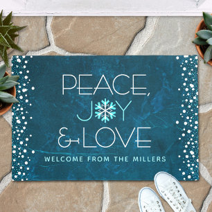 Blue Peace Joy Love Holiday Bold Modern Snowflake Doormat