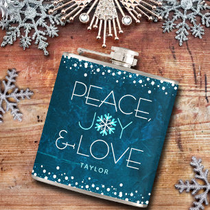 Blue Peace Joy Love Holiday Snowflake Bold Modern Flask